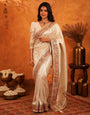Ivory Cream Banarasi Silk Saree with Elegant Zari Weaving & Ornamental Embroidered Border | Classic Wedding & Festive Wear Saree with Blouse