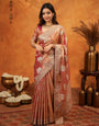 Peach Pink Tissue Silk Embroidered Saree with Zari Motifs & Designer Border | Heavy Embroidered Blouse with Tassels | Wedding & Festive Wear Saree
