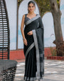 Classic Black Pure Handloom Cotton Saree with Silver Border & Tassel Detailing