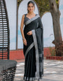Classic Black Pure Handloom Cotton Saree with Silver Border & Tassel Detailing