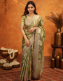 Olive Green Tissue Silk Embroidered Saree with Zari Motifs & Designer Border | Heavy Embroidered Blouse with Tassels | Wedding & Festive Wear Saree