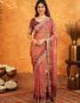 Dusty Rose Pink Fendy Satin Embroidered Saree with Multicolor Floral Border & Tassels | Elegant Designer Party Wear Saree with Heavy Embroidered Blouse