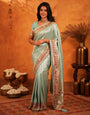 Mint Green Banarasi Silk Saree with Intricate Zari Weaving & Heavy Ornamental Embroidered Border | Elegant Festive & Wedding Wear Saree with Blouse