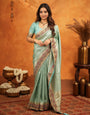 Aqua Green Banarasi Silk Embroidered Saree with Floral Border & Zari Weaving | Heavy Embroidered Blouse with Tassels | Wedding & Festive Wear Saree
