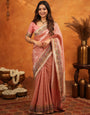 Peach Pink Banarasi Silk Embroidered Saree with Floral Border & Zari Weaving | Heavy Embroidered Blouse with Tassels | Wedding & Festive Wear Saree