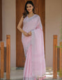 Soft Peach Pink Handloom Cotton Saree with Subtle Striped Weaving & Tassel Detailing
