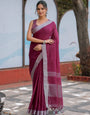 Elegant Wine Purple Pure Handloom Cotton Saree with Silver Border & Tassel Detailing