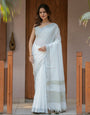 Pure White & Olive Green Handloom Cotton Saree with Minimal Striped Border & Tassel Detailing