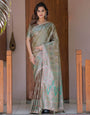 Elegant Olive Gold Banarasi Silk Saree with Intricate Paisley Zari Weaving & Tassel Detailing