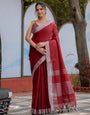 Elegant Wine Red Pure Handloom Cotton Saree with Silver Border & Tassel Detailing