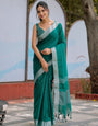 Elegant Emerald Green Pure Handloom Cotton Saree with Silver Border & Tassel Detailing