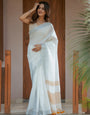 Pure White & Mustard Gold Handloom Cotton Saree with Minimal Striped Border & Tassel Detailing
