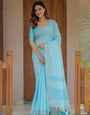 Aqua Blue Pure Handloom Cotton Saree with Striped Weaving & Tassel Detailing