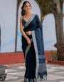 Elegant Midnight Navy Blue Pure Handloom Cotton Saree with Silver Border & Tassel Detailing
