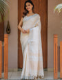 Ivory Cream Pure Handloom Cotton Saree with Golden Striped Weaving & Tassel Detailing