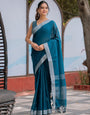 Elegant Teal Blue Pure Handloom Cotton Saree with Silver Border & Tassel Detailing