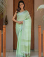 Mint Green Pure Handloom Cotton Saree with Striped Weaving & Tassel Detailing