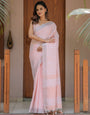 Soft Baby Pink Handloom Cotton Saree with Silver Border & Tassel Detailing