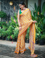 Mustard Gold Pure Modal Silk Saree with Ajrakh Inspired Floral Print & Heritage Designer Pallu
