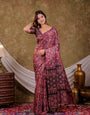 Wine Maroon Pure Chinnon Batik Printed Saree with Foil Detailing, Designer Border, Tassel Edges & Matching Blouse Piece
