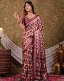 Coffee Brown Pure Chinnon Batik Printed Saree with Foil Detailing, Designer Border, Tassel Edges & Matching Blouse Piece
