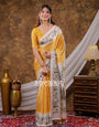 Vantara Mustard Yellow Satin Chiffon Printed Saree with Botanical Nature Print, Designer Tassel Pallu & Matching Blouse Piece