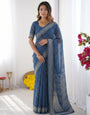 Steel Blue Modal Silk Saree with Delicate Floral Butti Prints, Traditional Heritage Border & Elegant Designer Pallu