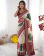 Ivory Cream & Wine Purple Pure Modal Silk Saree with Multicolor Mandala Print and Heritage Border