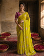 Lime Yellow Georgette Embroidered Saree with Floral Sequin Work & Contrast Magenta Blouse