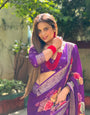 Regal Purple Tussar Silk Saree with Multicolor Floral Prints & Intricate Zari Border