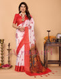 White & Red Handloom Linen Saree with Durga Panchami Art Pallu & Temple Festive Motifs | Zari Border & Tassel Finish