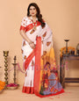 Off-White & Golden Yellow Handloom Linen Saree with Devi Durga Print & Zari Border | Festive Pallu & Tassel Finish