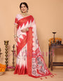 Off-White & Vermilion Red Handloom Linen Saree with Digital Goddess Saraswati Artwork & Zari Border – Festive Durga Puja Collection