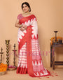 White & Red Handloom Linen Saree with Durga Shloka Print and Zari Border | Festive Pallu with Tassels