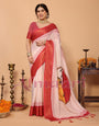 Ivory & Vermilion Polka Handloom Linen Saree with Durga Face Digital Print & Zari Border – Festive Special