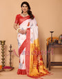 White & Yellow Ombre Pure Tussar Silk Saree with Durga Face Print & Kalash Motifs | Zari Border & Festive Tassels