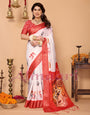 Off-White & Vermilion Red Pure Tussar Silk Saree with Durga Eyes & Devi Face Pallu | Zari Border & Festive Tassels