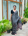 Midnight Black Pure Modal Silk Saree with Ajrakh Inspired Floral Print & Heritage Designer Pall