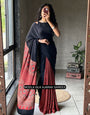 Black & Red Modal Silk Ajrakh Printed Saree with Heritage Border, Traditional Pallu & Tassel Detailing