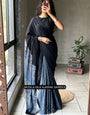 Black & Indigo Blue Modal Silk Ajrakh Saree with Heritage Printed Pallu, Traditional Motifs & Tassel Detailing