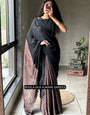 Black Modal Silk Ajrakh Printed Saree with Traditional Heritage Pallu, Intricate Ethnic Motifs & Tassel Detailing