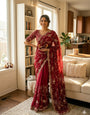 Deep Maroon Embroidered Georgette Saree with Sequins & Scalloped Border | Designer Wedding & Festive Wear Saree
