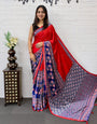 Scarlet Red Modal Silk Saree with Navy Blue Ajrakh Printed Designer Pallu & Tassel Detailing | Festive & Traditional Ethnic Wear Saree