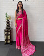 Rani Pink Satin Silk Saree with Kashmiri Paisley Print Pallu & Mirror Butti Detailing | Festive, Wedding & Party Wear Saree