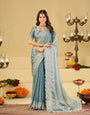 Sky Blue Fendy Satin Saree with White Floral Embroidery Border | Elegant Designer Party Wear Saree with Blouse