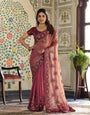 Wine Pink Fendy Satin Embroidered Saree with Ethnic Motifs & Zari Border | Designer Saree with Tassels & Heavy Embroidered Blouse