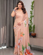 Peach Satin Georgette Floral Printed Saree with Attached Blouse – Soft Pastel Designer Saree for Festive & Elegant Wear