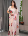Blush Peach Satin Georgette Floral Printed Saree with Attached Blouse – Soft Pastel Designer Saree for Elegant & Festive Wear