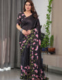 Black Satin Georgette Lotus Floral Printed Saree with Attached Blouse ā Elegant Designer Saree for Festive & Evening Wear