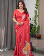 Coral Red Satin Georgette Floral Printed Saree with Attached Blouse – Elegant Designer Saree for Festive & Party Wear
